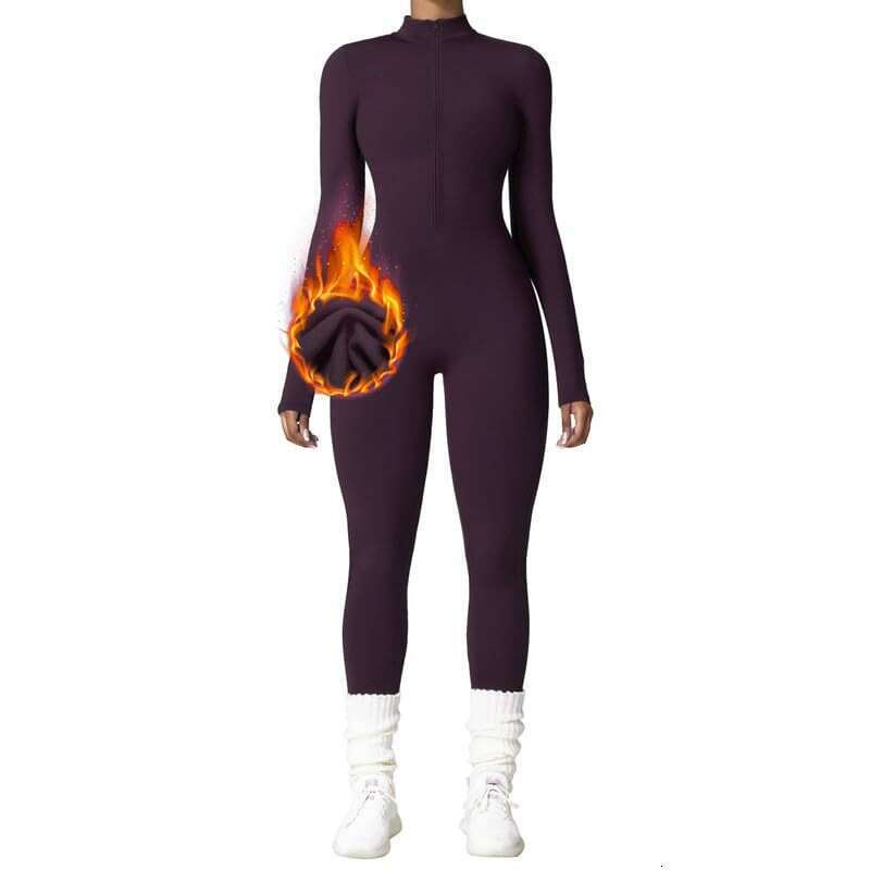 Fleece-lined warm cross-border yoga suit, long-sleeved, half-zip, high-intensity integrated sports one-piece fitness suit