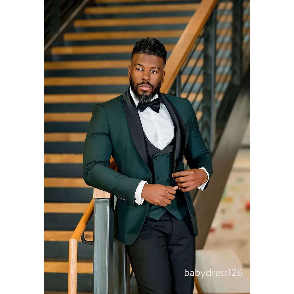 Customize One Button Dark Green Groom Tuxedos Peak Lapel Wedding/Prom/Dinner Groomsmen Men Suits Blazer Jacket+Pants+Vest+Tie D26