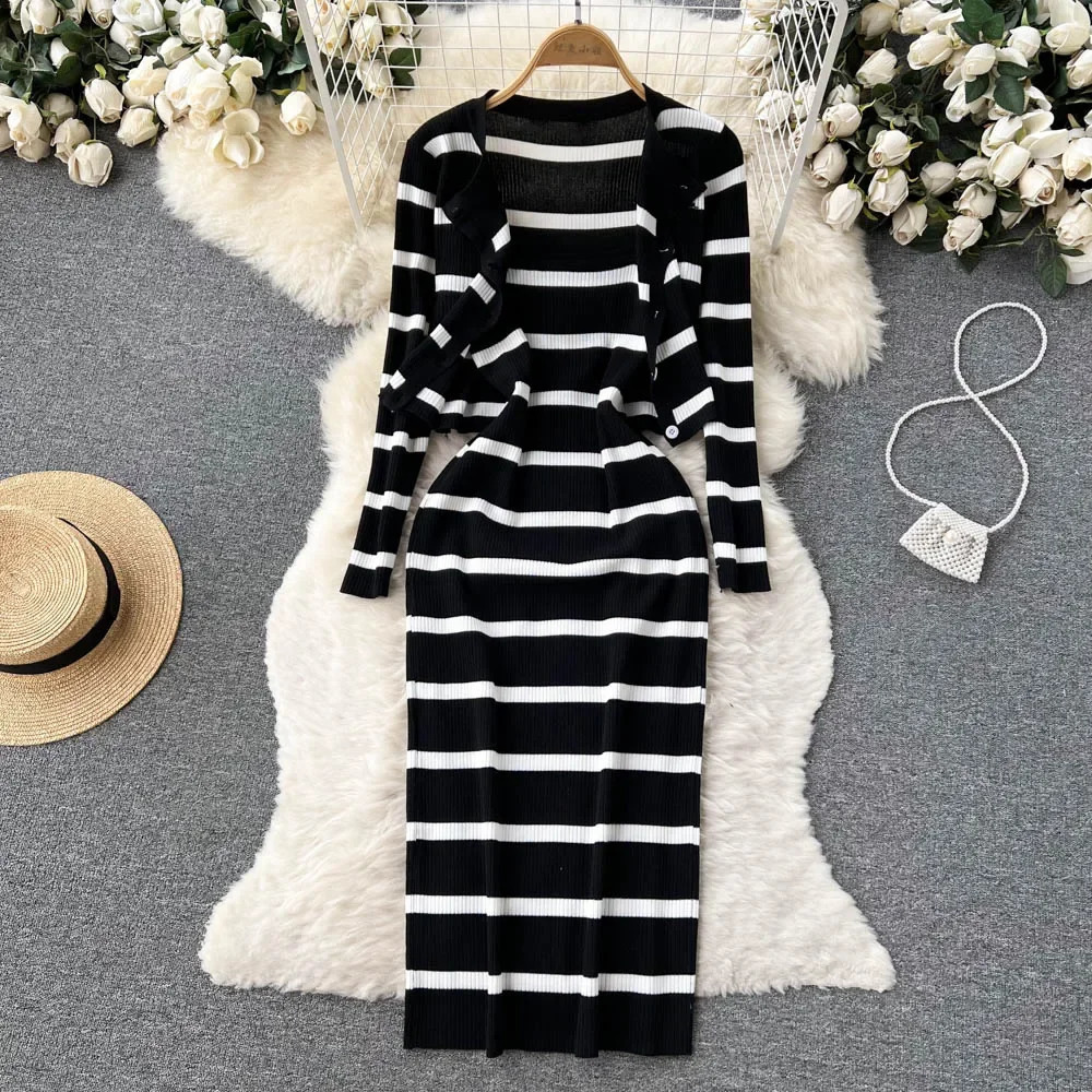 Korean Sweet Hit Color Patchwork Striped Spaghetti Strap Dress and V Neck Long Sleeve Cardigans 2 Pieces Sets 260208