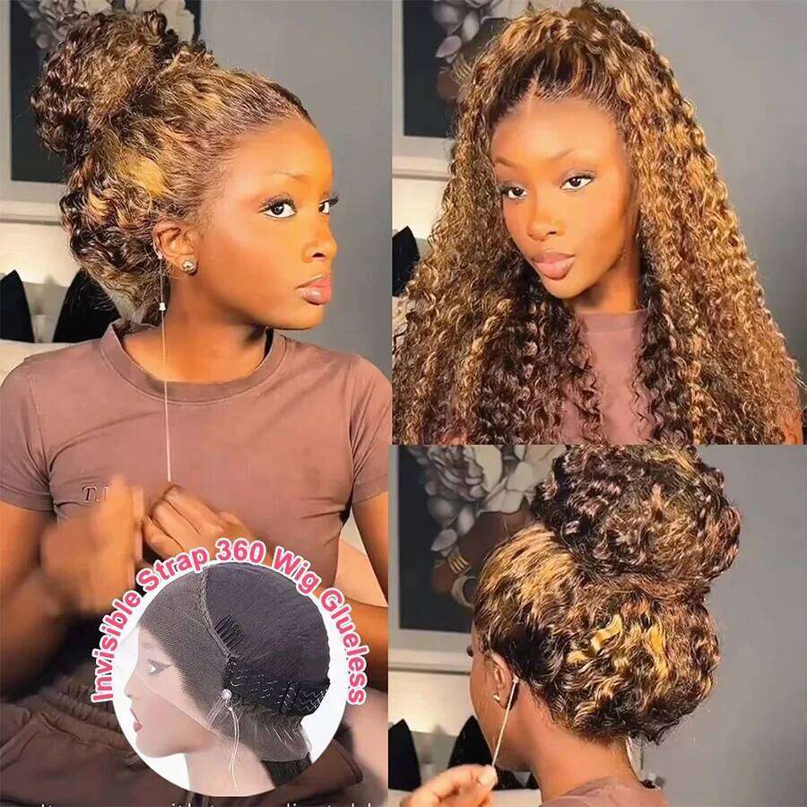 Highlight 360 Full Curly Human Hair Pre Plucked Deep Wave Glueless Invisible Strap Lace Frontal Wig Honey Blonde Color SHXI