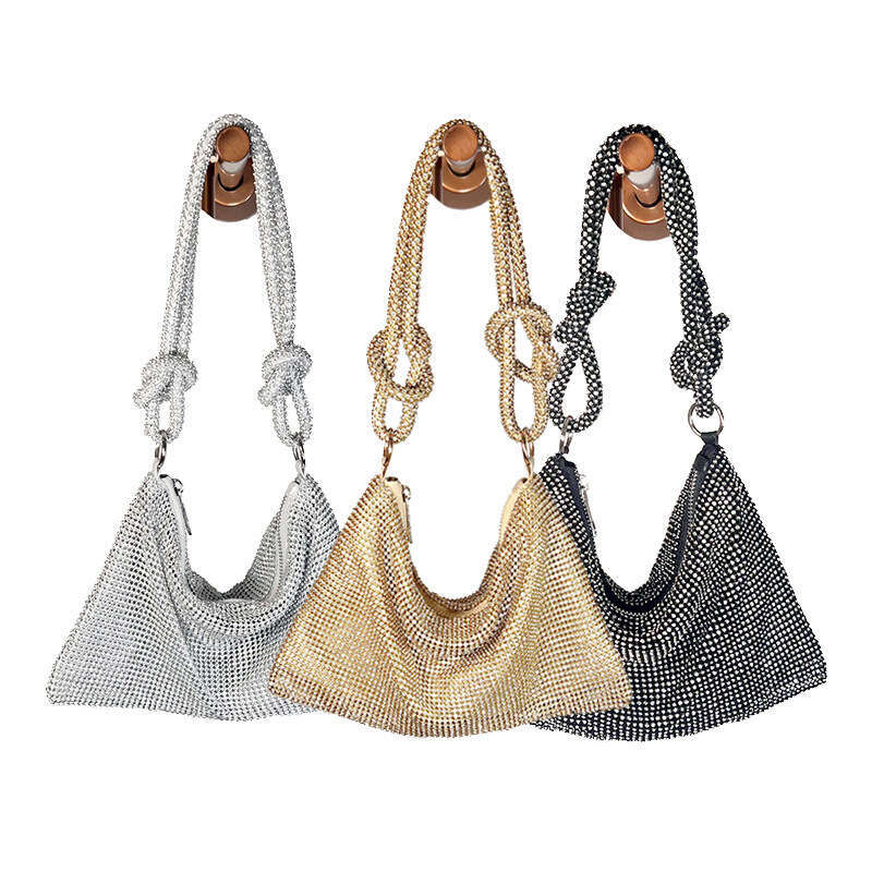 In Stock Aluminum Sheet Inlaid Full Diamond Trendy Sparkling Knot Rhinestone Handmade Underarm Banquet Evening Bag