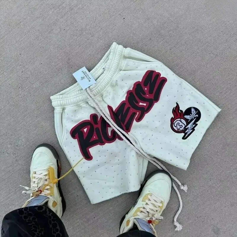 Men's Fashion Shorts Rhinestone Letter-Printed Sweatpants for Casual Motorcycle Gym Shorts Downhill Wear