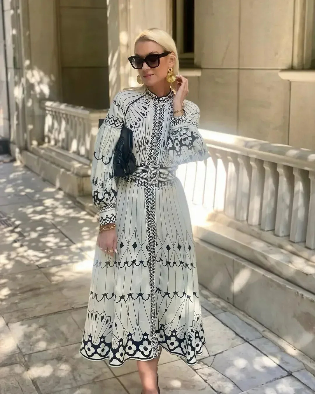 Retro Elegant Stand Collar Long Dress Women Spring Pattern Print Belted Buckle Party Dress Autumn Long Sleeve A-Line Boho Dress 260118