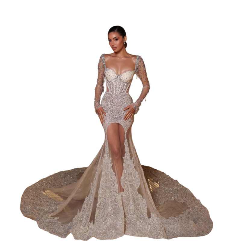 Vintage Sweetheart Sequined Wedding Dress Illusion Lace Beaded Bridal Dress Long Sleeve Sweep Train Customized vestidos de novia