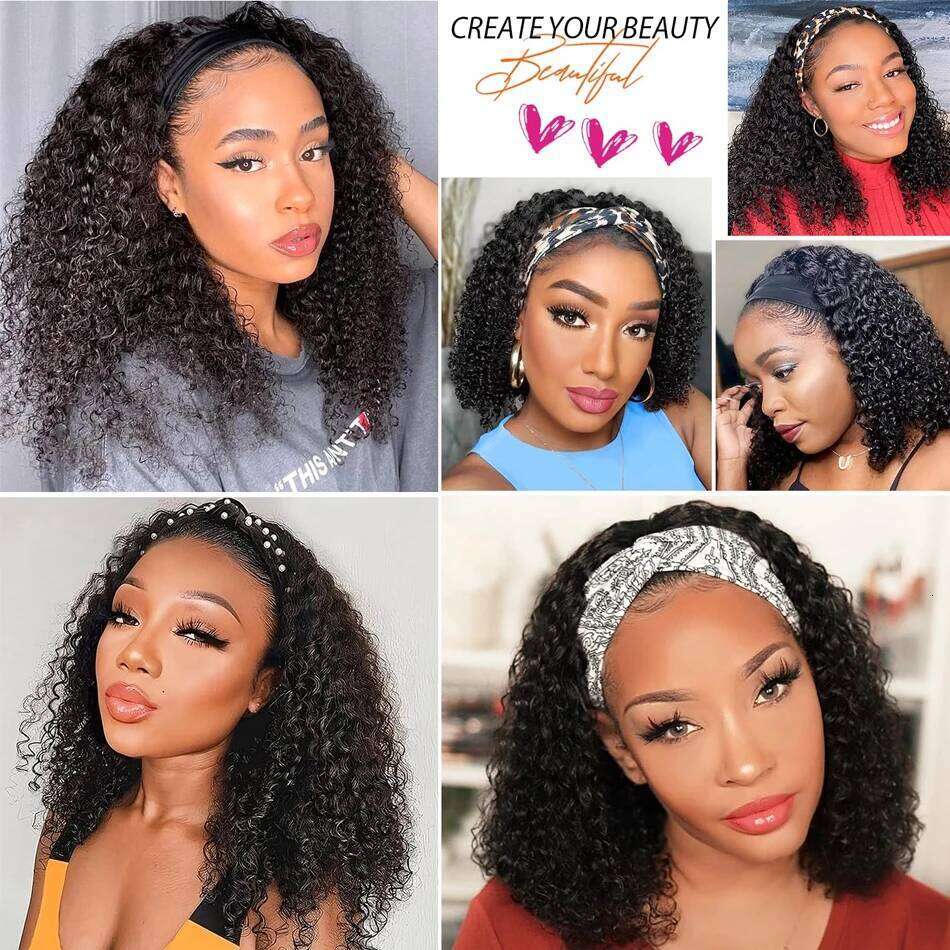 Kinky Headband Wig Human Curly Bob For Women 100% Real Bobo Full Machine Made Wigs Natural Black Hair VMS