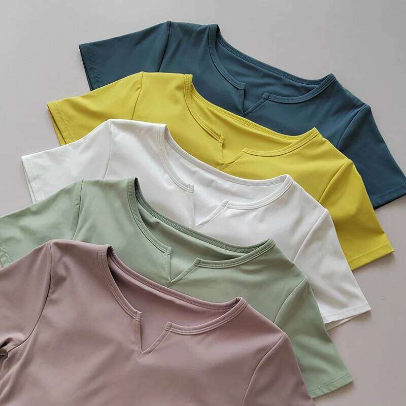 V-neck Tie Breast Pad Yoga Suit Short Sleeve Women's Gym Summer Slim Training Fitness Top Quick Dry Running T-shirt Clothing 26Y0209