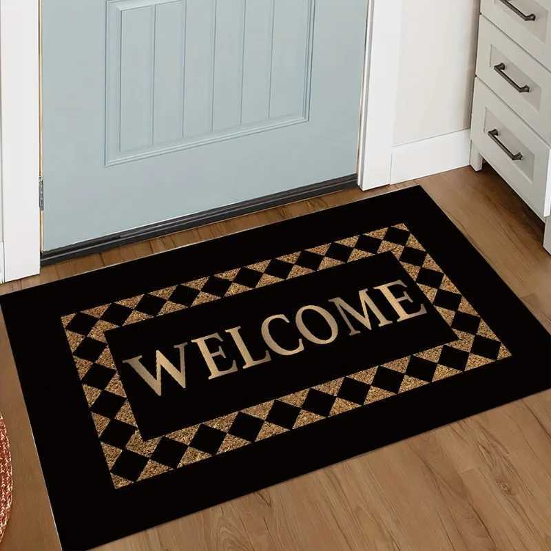 Black Welcome Doormat with Gold Lettering - Elegant Geometric Border Non-Slip Entrance Mat for Front Door Home Decoration Rug S260207