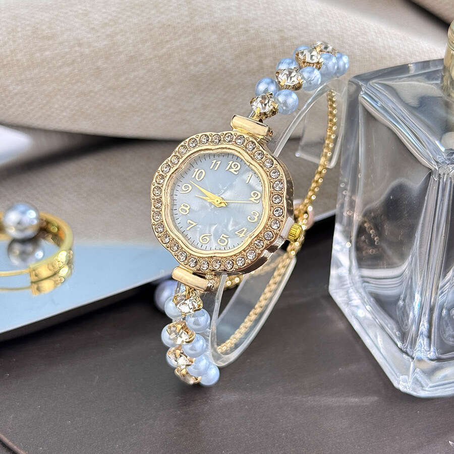 New Trendy Pearl-studded Sunflower Dial Watch With A Compact Design Thin Strap Double Row Of Pearls And Pull-out Digital Display