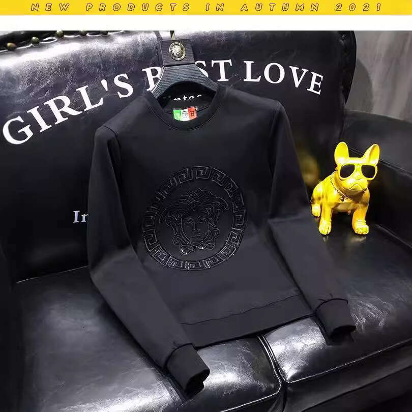 Winter New Round Neck Embroidered Long Sleeve Sweatshirt Men Slim Fit Plus Size Sequin Trendy Brand Simple Top