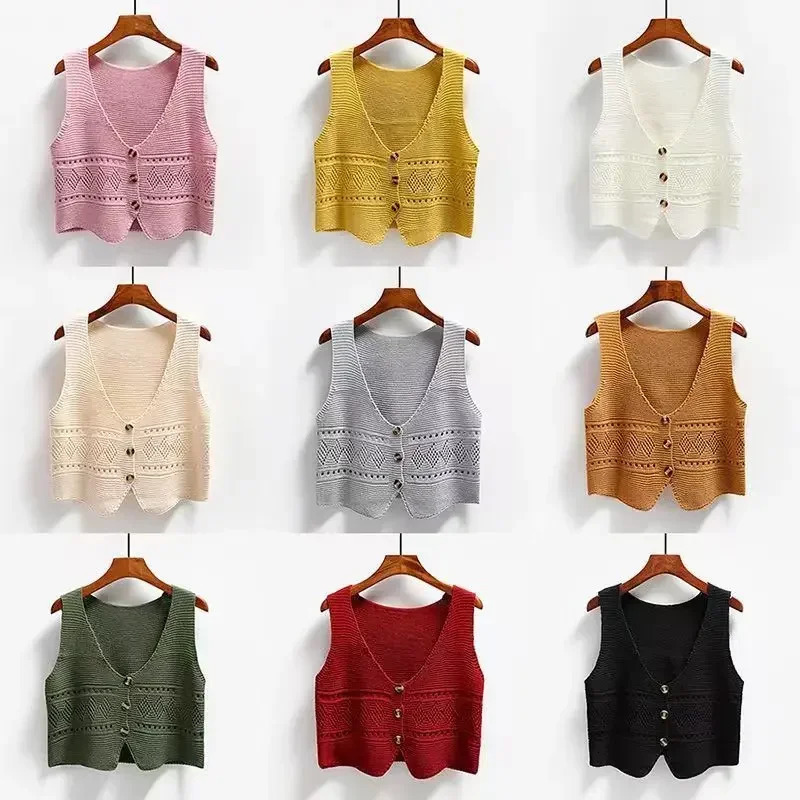 In Spring Autumn V Neck Single Breasted Sweater Vest Women Sleeveless Casual Loose Knitted Cardigans Female Short Knitwear 260130