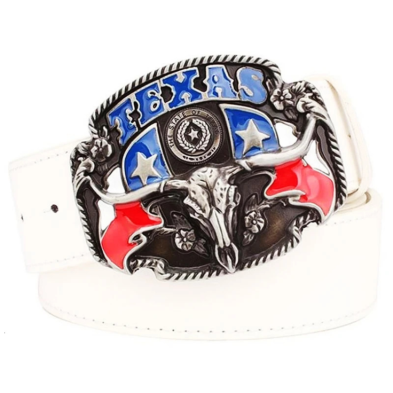 Wild West TEXAS Cowboy Belt Bull Skull Head Metal Buckle American Texan Pride Fashion Waistband For Men 260124
