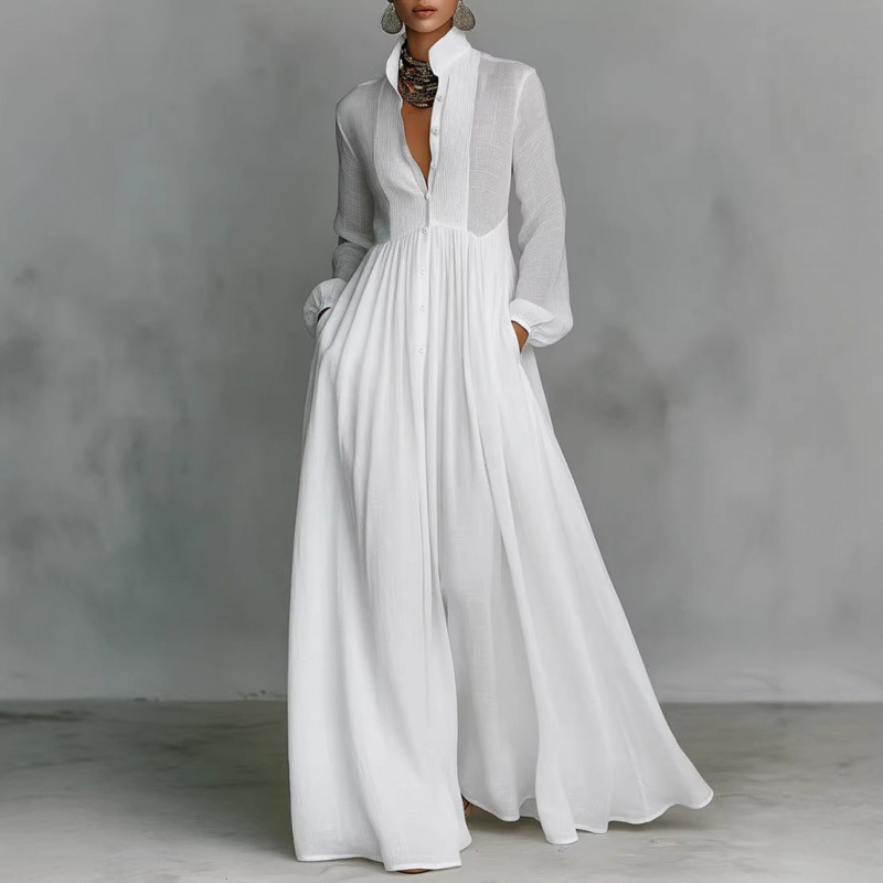 G35132 New Style Elegant Slim Fit Long Sleeve Dress with Pleated Lettering Long Dress, French Style Vacation White Dress