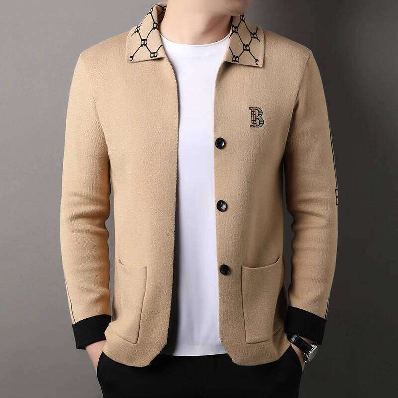 Designer Fashion Luxury Brand Men's Autumn Winter Lapel Embroidered Sweater Coat Fashionable Business Three-Dimensional Pocket Warm Knitted Jacke