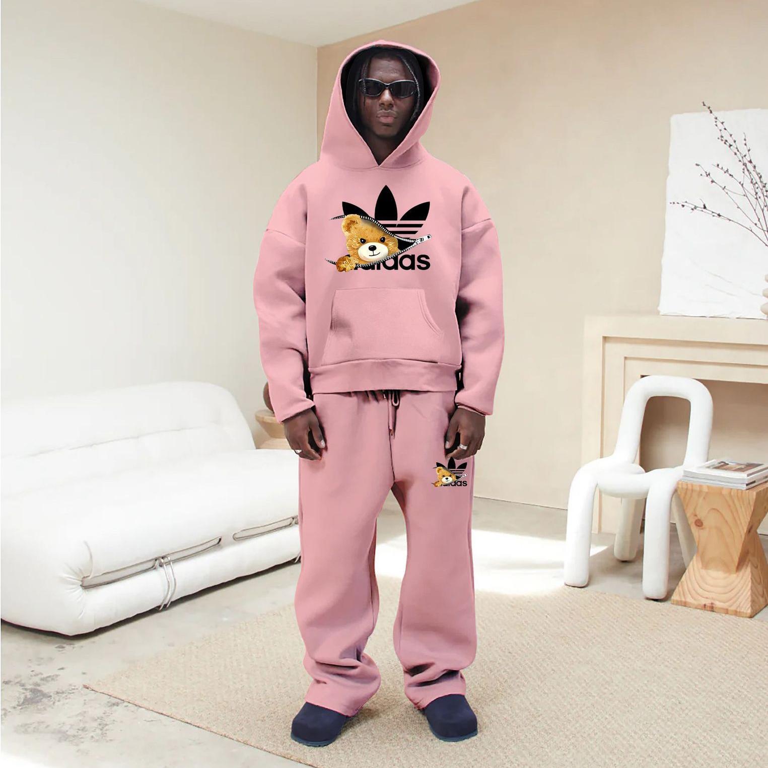 Free shipping 2026 Hot bear print trendy sports and leisure couple loose hooded sweatshirt set for men and women