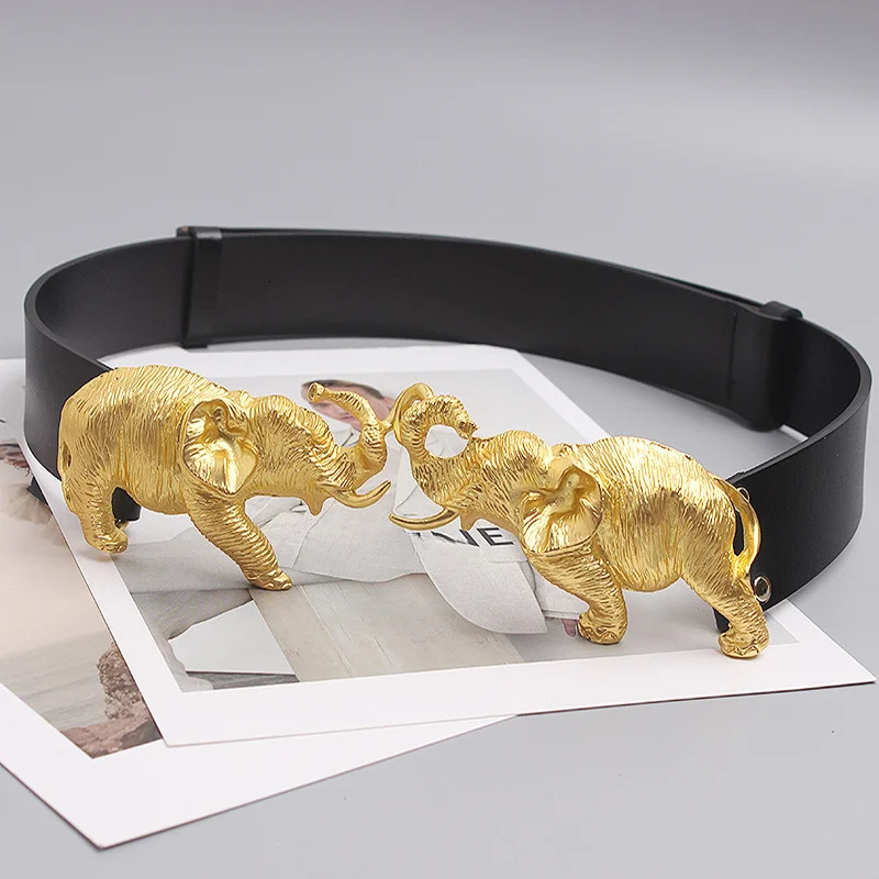 Fashion Real Leather Belts for Women Luxury Designer Female Waist Elastic Corset Belt Gold Heavy Elephant Metal Buckle 260205 - view 4