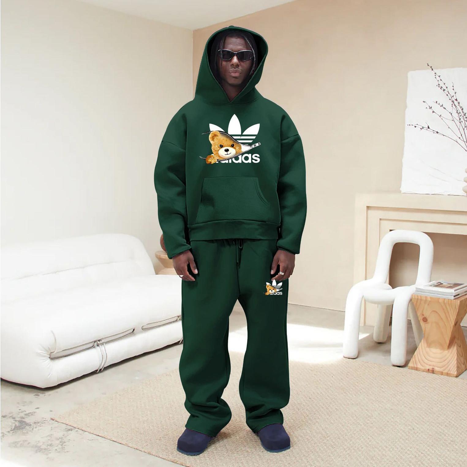 Free shipping 2026 Hot bear print trendy sports and leisure couple loose hooded sweatshirt set for men and women