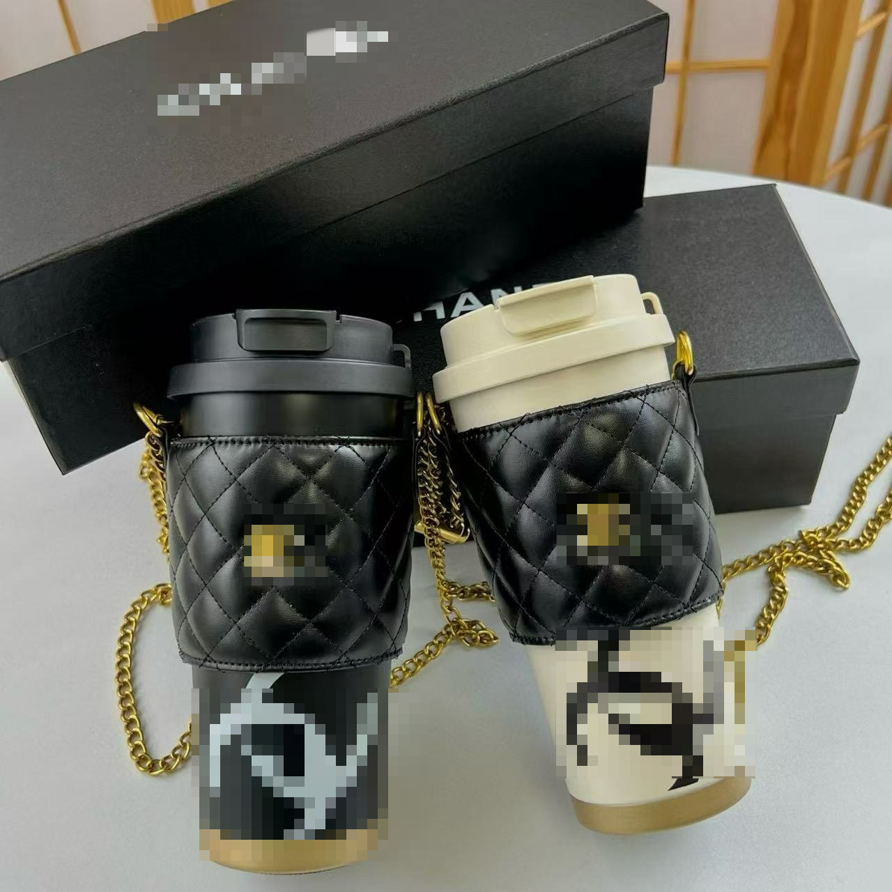 New Stainless Steel Black and White Insulated Detachable Portable Shoulder Strap Travel Cup, Double Drinking Cup and Water Cup