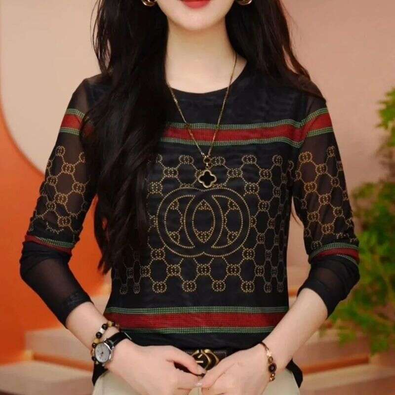 Autumn High-End Elegant Light Luxury Skin Mesh Base Shirt Women's Simple Fashion Versatile Age-Reducing T-Shirt Top