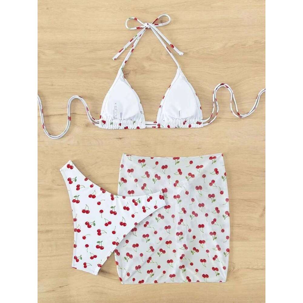 Women Frech chic cherry print bikini sets three pieces with mesh skirt swimsuit Swimwear bathing suit beach outfits biquini 26Y0210