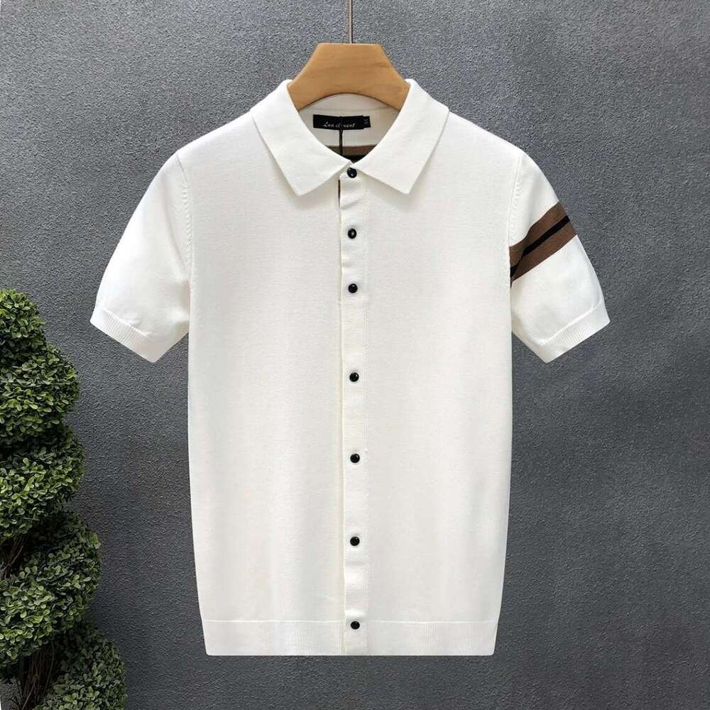 Men's short-sleeve knit polo shirt, available in white and black featuring a collar with button design combining style and practicality