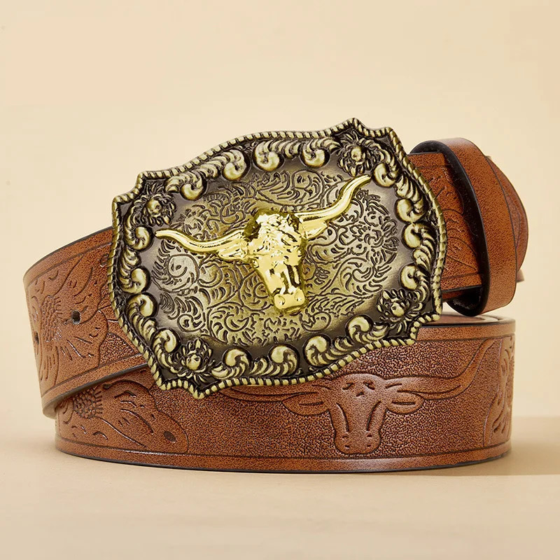 Mens and Womens Clothing Western Cowboy Style PU Leather Belt Vintage Belt with Printed Buckle for Jeans 260124