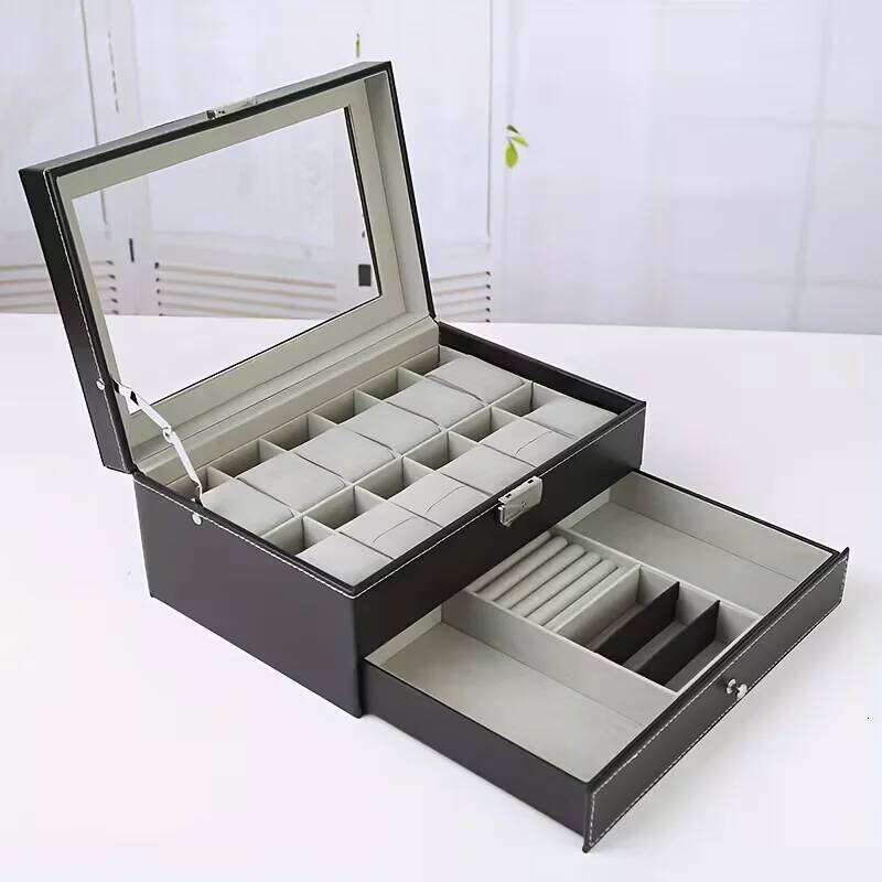 12-slot Lockable Storage Box,Jewelry Drawers, 2-tier Watch And Glasses Display Box With Glass Lid 26H0210