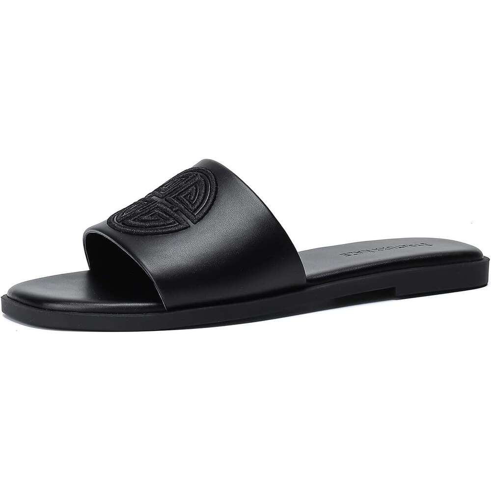 Womens Flat Dressy Summer Slide With Memory Foam Comfortable Cute Leather Black Sandals For Women