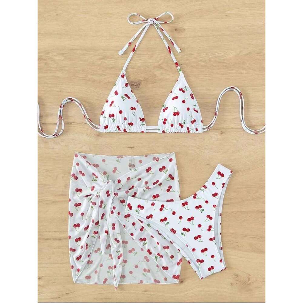 Women Frech chic cherry print bikini sets three pieces with mesh skirt swimsuit Swimwear bathing suit beach outfits biquini 26Y0210