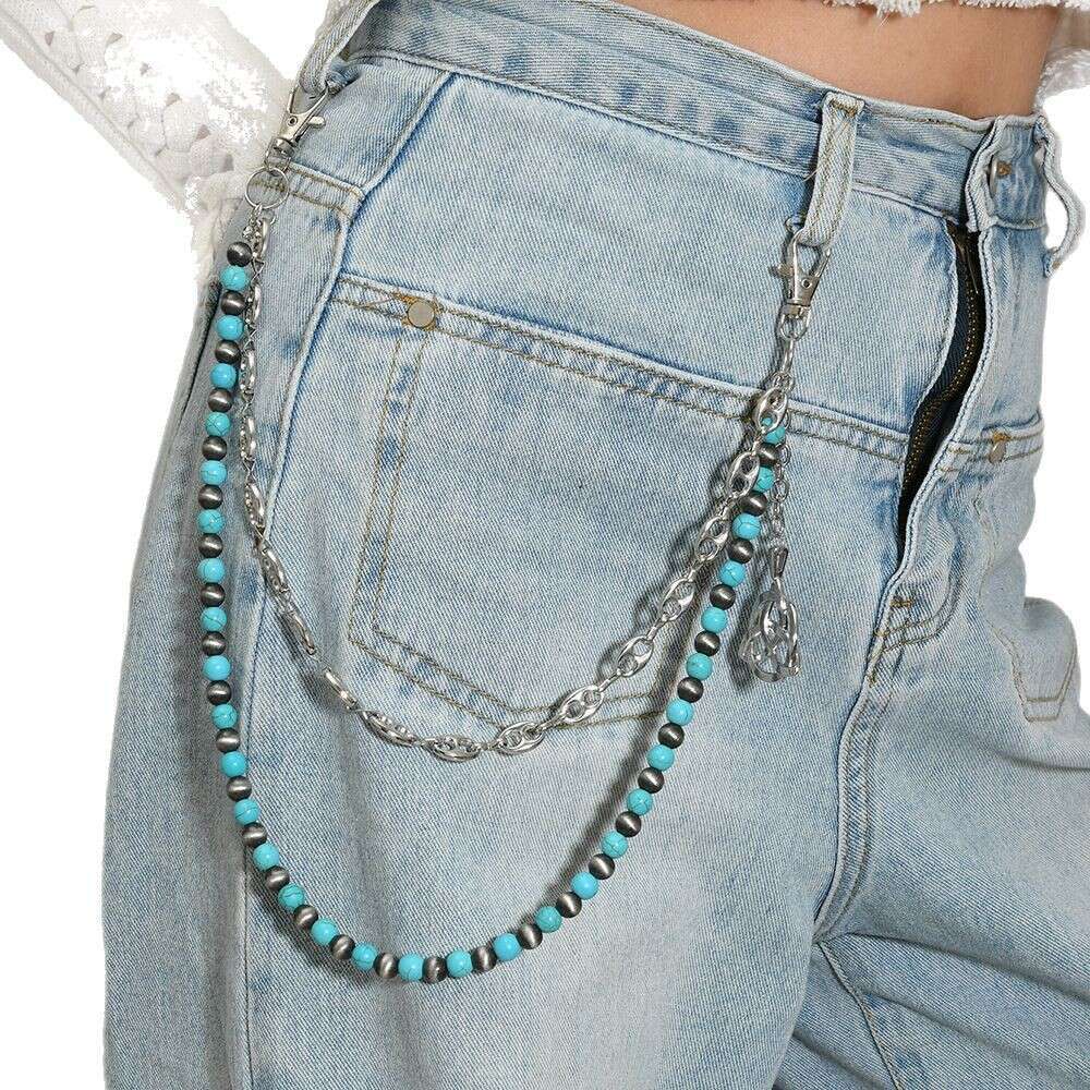 Bag charms Women's Pants Accessories Waist Simple Blue Base Black Pattern Turquoise Handmade Beaded Street Jeans Chain