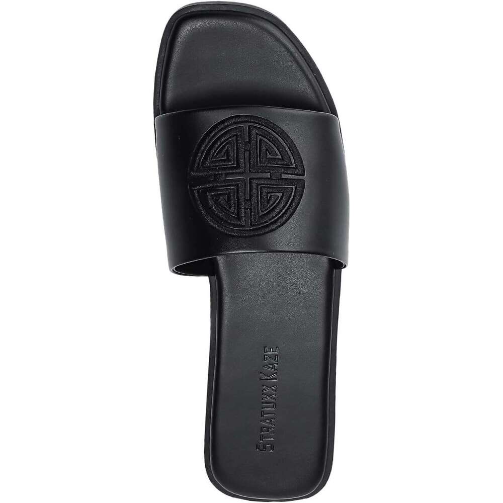 Womens Flat Dressy Summer Slide With Memory Foam Comfortable Cute Leather Black Sandals For Women