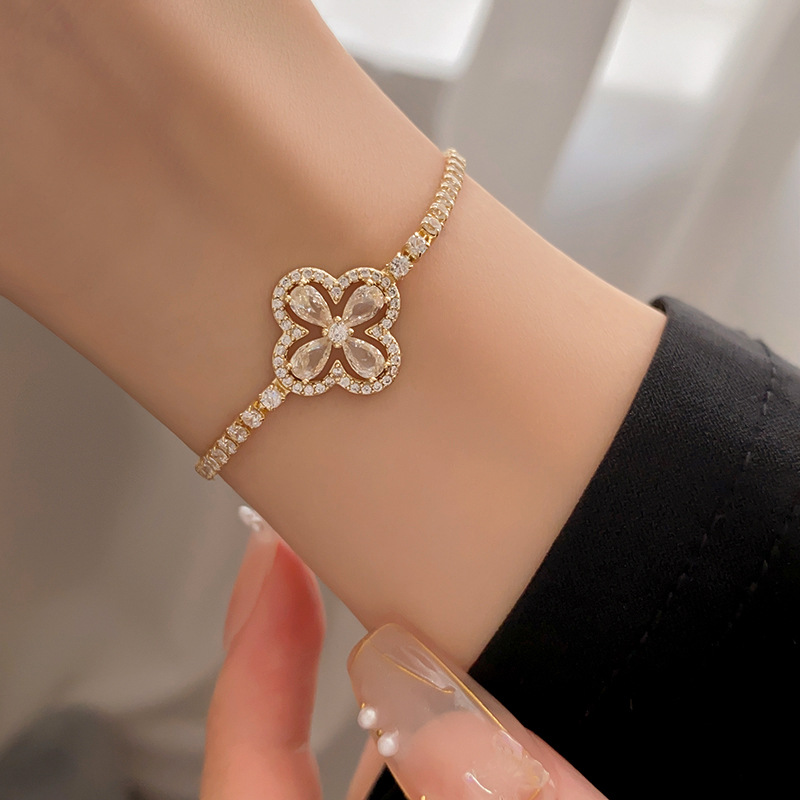 Real Gold Plated Zircon Flower Clasp Bracelet Fashionable Versatile Bangle Light Luxury High-End Women's Jewelry Wholesale - view 3