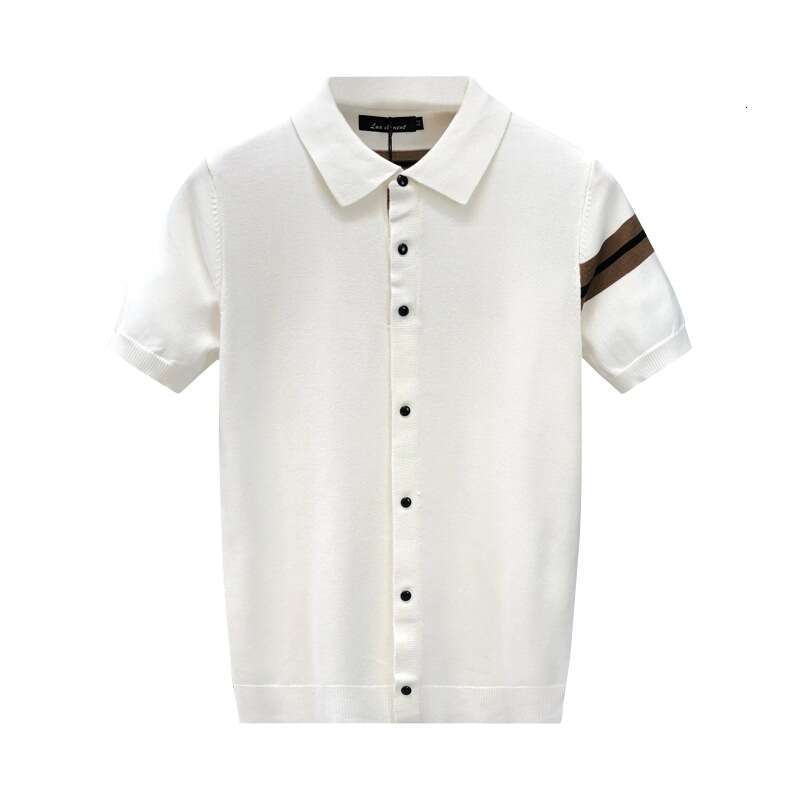 Men's short-sleeve knit polo shirt, available in white and black featuring a collar with button design combining style and practicality