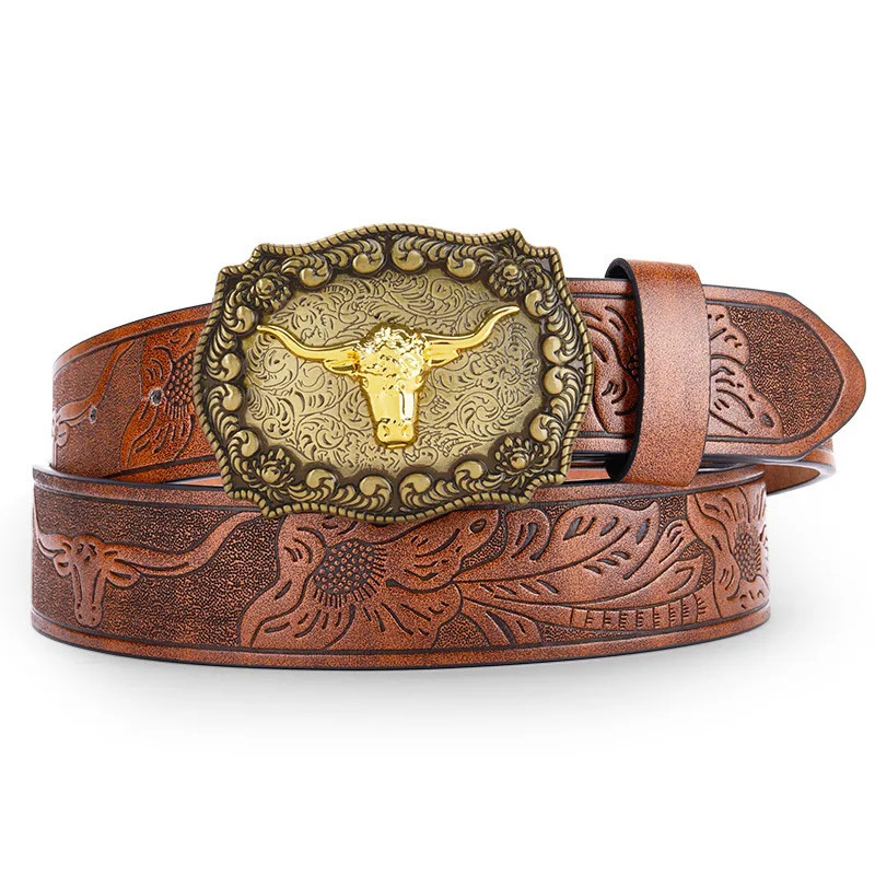 Mens and Womens Clothing Western Cowboy Style PU Leather Belt Vintage Belt with Printed Buckle for Jeans 260124