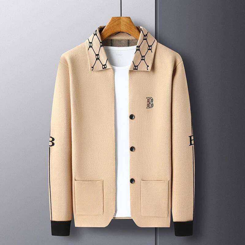 Designer Fashion Luxury Brand Men's Autumn Winter Lapel Embroidered Sweater Coat Fashionable Business Three-Dimensional Pocket Warm Knitted Jacke