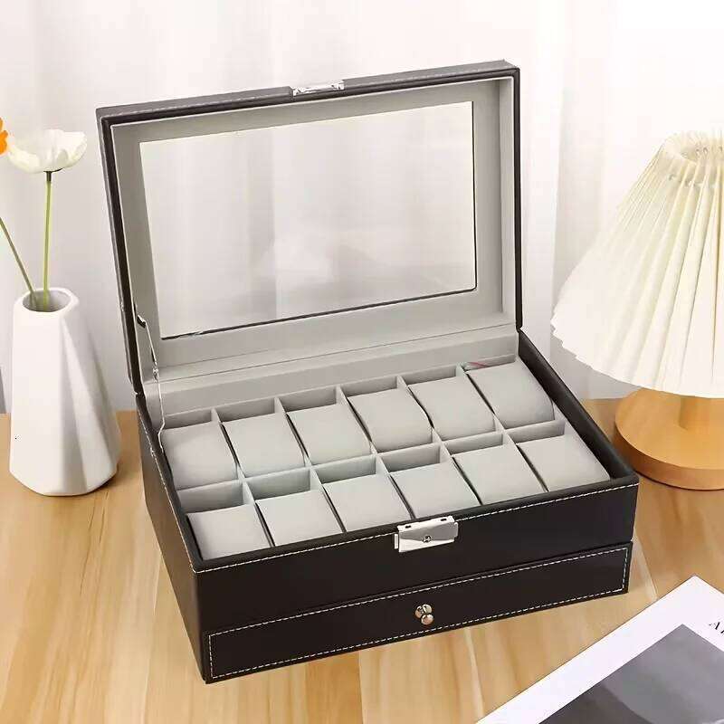 12-slot Lockable Storage Box,Jewelry Drawers, 2-tier Watch And Glasses Display Box With Glass Lid 26H0210