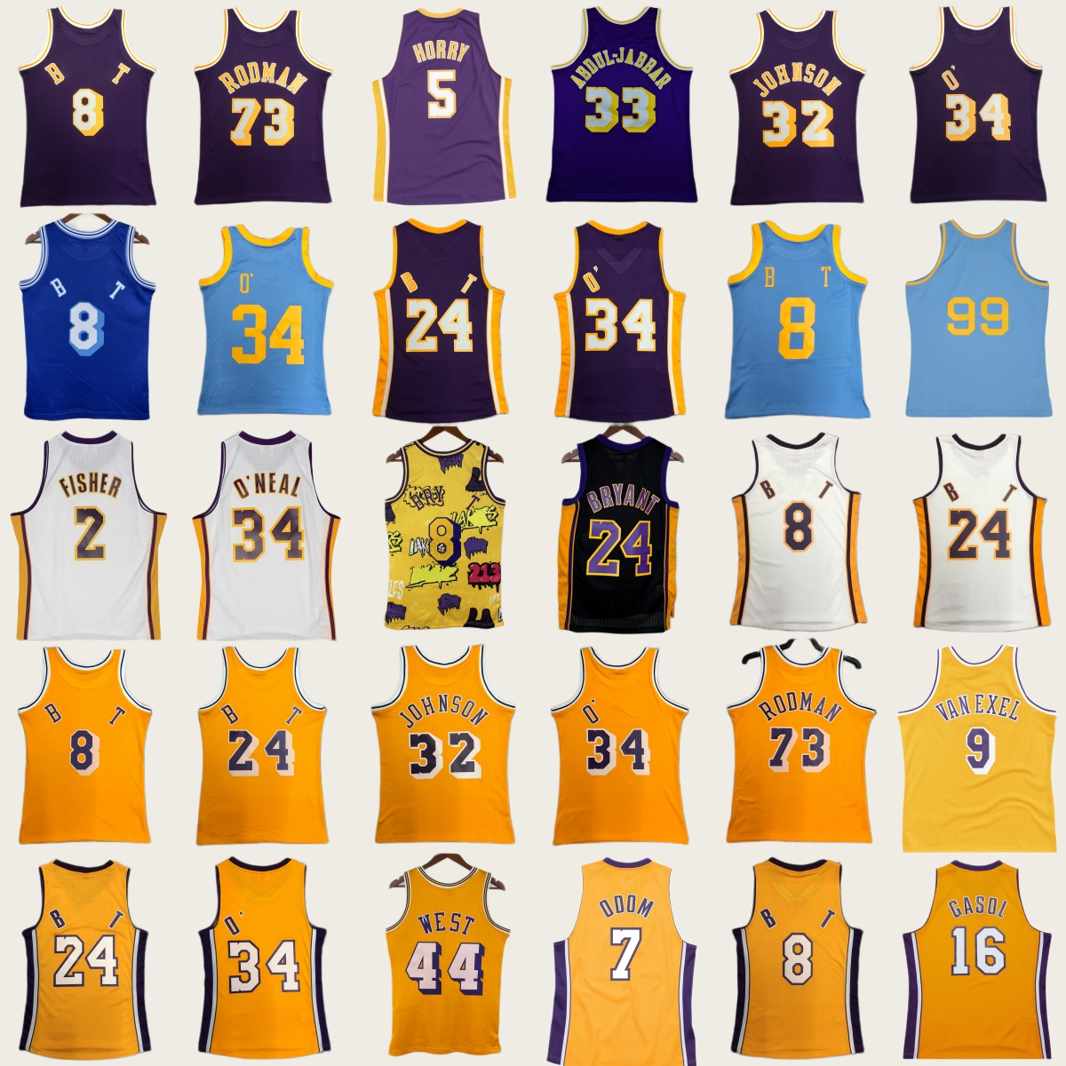 Printed MN Mesh 1996-97 Basketball Bryant Jersey Classic Retro O'Neal 73 Dennis Rodman 16 Pau Gasol 9 Nick Van Exel 6 Eddie Jones 5 Robert Horry 2 Derek Fisher 7 Lamar Odom