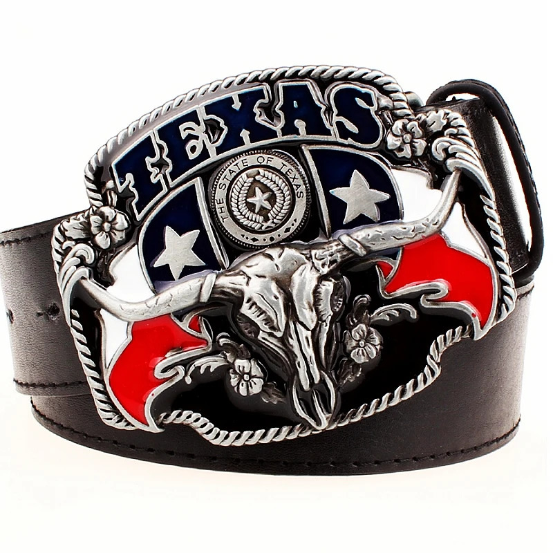 Wild West TEXAS Cowboy Belt Bull Skull Head Metal Buckle American Texan Pride Fashion Waistband For Men 260124