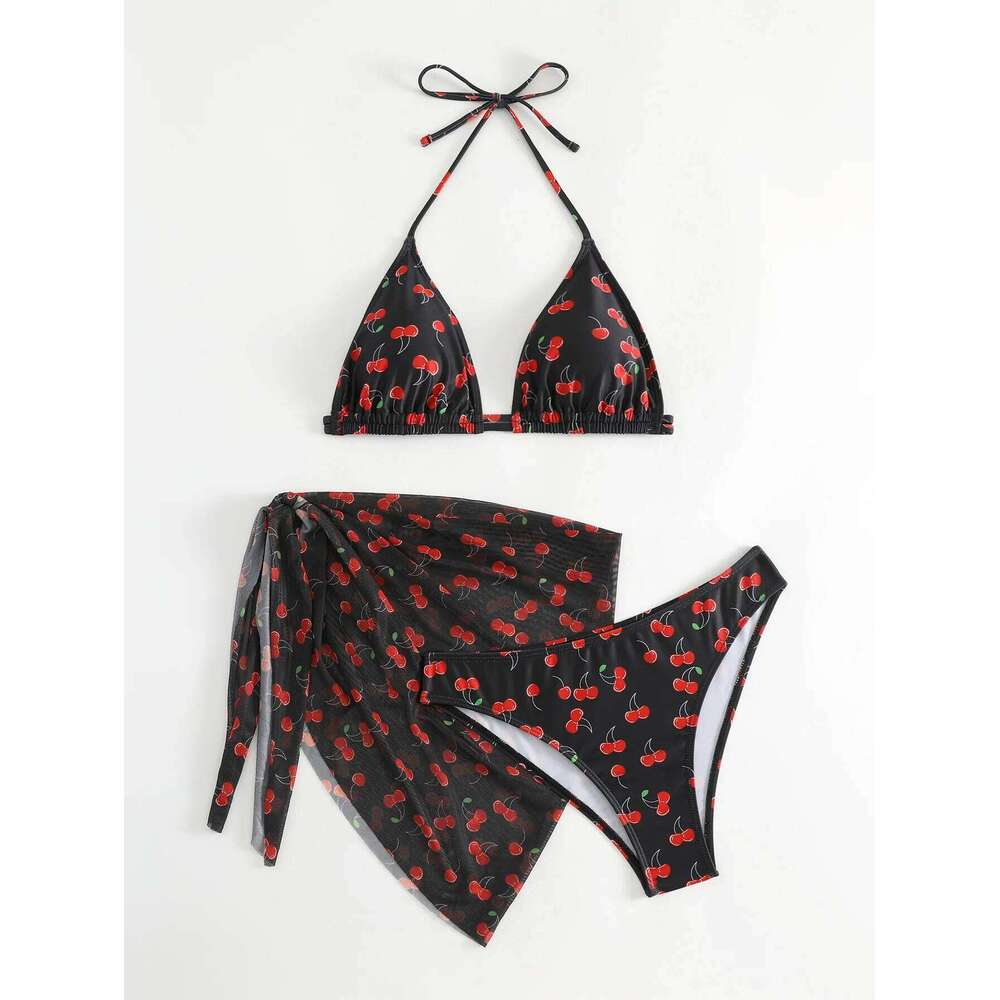 Women Frech chic cherry print bikini sets three pieces with mesh skirt swimsuit Swimwear bathing suit beach outfits biquini 26Y0210