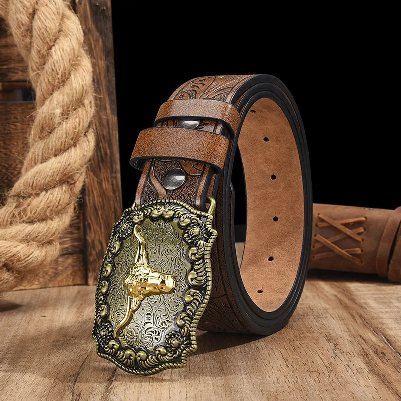 Mens and Womens Clothing Western Cowboy Style PU Leather Belt Vintage Belt with Printed Buckle for Jeans 260124