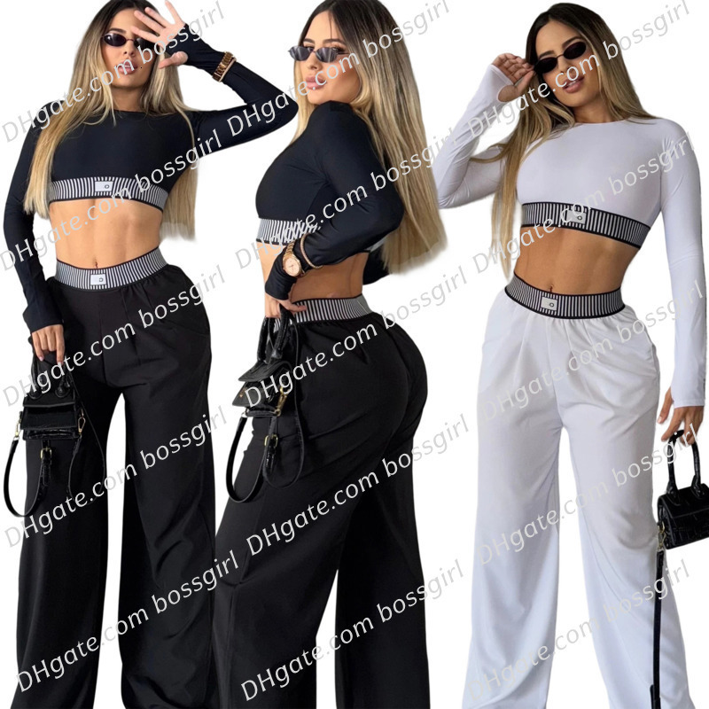 Women Tracksuits Two Pieces Set Designer 2026 New Spring Fashion Long Sleeve Sexy Crop Top High Waist Loose Casual Straight Wide Leg Pants Set 13 Colors