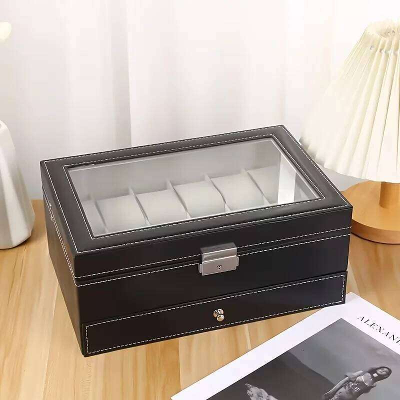 12-slot Lockable Storage Box,Jewelry Drawers, 2-tier Watch And Glasses Display Box With Glass Lid 26H0210