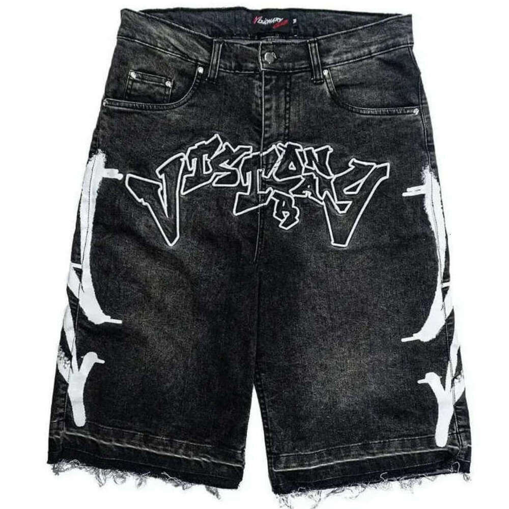 Free Shipping Men's Distressed Denim Short Rhinestone Graffiti Print Retro Hip Hop Street wear Baggy Short Pants Summer Jorts