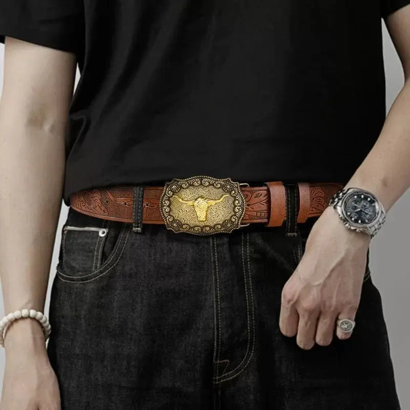 Mens and Womens Clothing Western Cowboy Style PU Leather Belt Vintage Belt with Printed Buckle for Jeans 260124