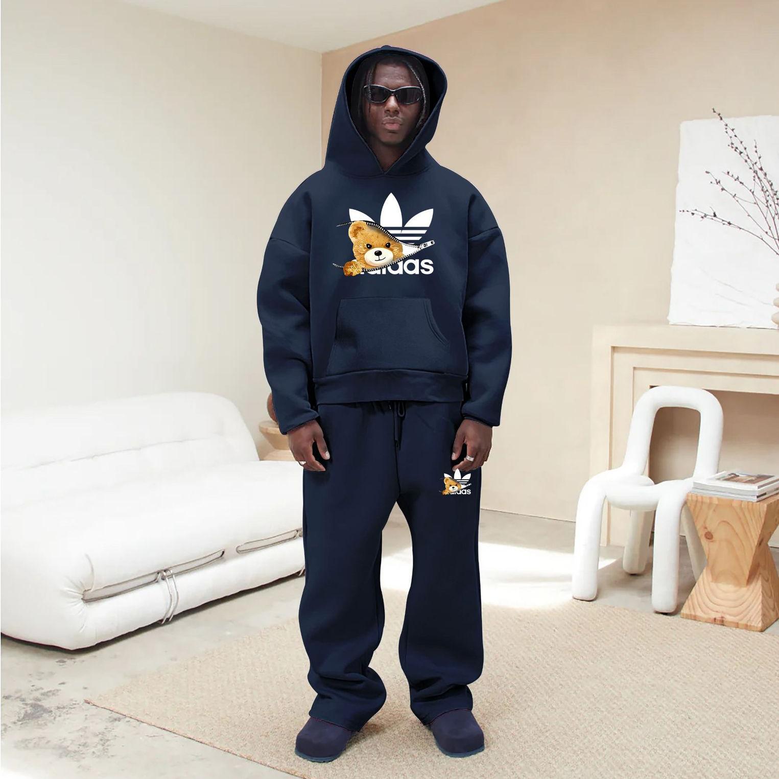 Free shipping 2026 Hot bear print trendy sports and leisure couple loose hooded sweatshirt set for men and women