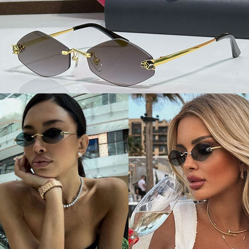Ladies luxury Now Panthre De Sunglasses Narrow frame geometric glasses womans Y2K style beach vacation rimless glasses Fashion gradient lenses with box