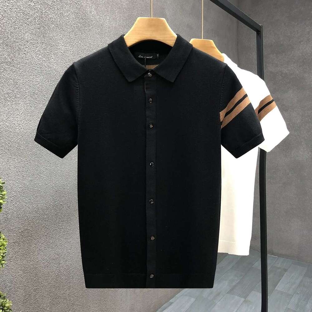 Men's short-sleeve knit polo shirt, available in white and black featuring a collar with button design combining style and practicality