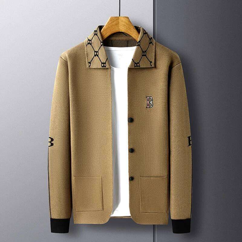 Designer Fashion Luxury Brand Men's Autumn Winter Lapel Embroidered Sweater Coat Fashionable Business Three-Dimensional Pocket Warm Knitted Jacke