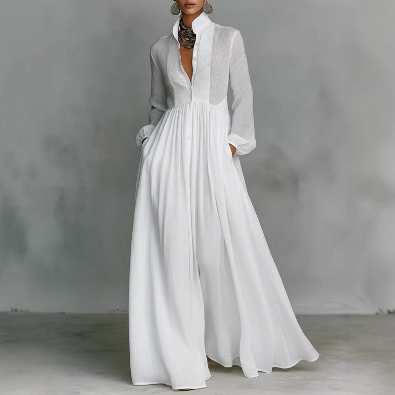 G35132 New Style Elegant Slim Fit Long Sleeve Dress with Pleated Lettering Long Dress, French Style Vacation White Dress