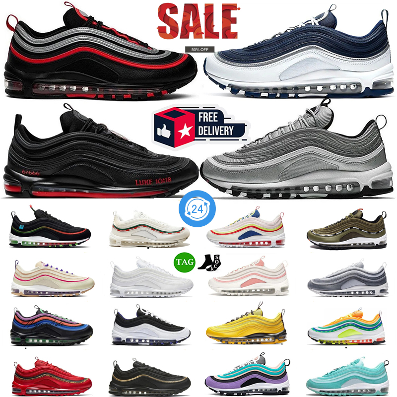 Trainers 97 97s Sports Shoes Men Women MSCHFs X INRI Jesus Satan Futura Crucifix Triple Black White Silver Designers Olive Volt Sail Aurora Green Gym Outdoor Shoes