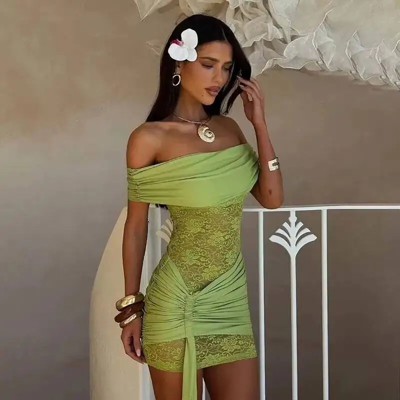 Townlike Pleated Slim Bodycon Dress Women Off Shoulder Mini 2025 Summer Dress Lace Patchwork Nightclub Sexy Party Dresses260129
